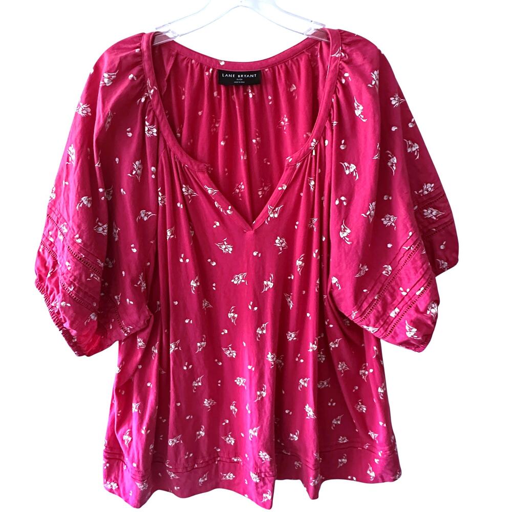 Lane Bryant Puff Sleeve Top Womens Size 26/28 Pink Floral Boho Blouse - Picture 2 of 9